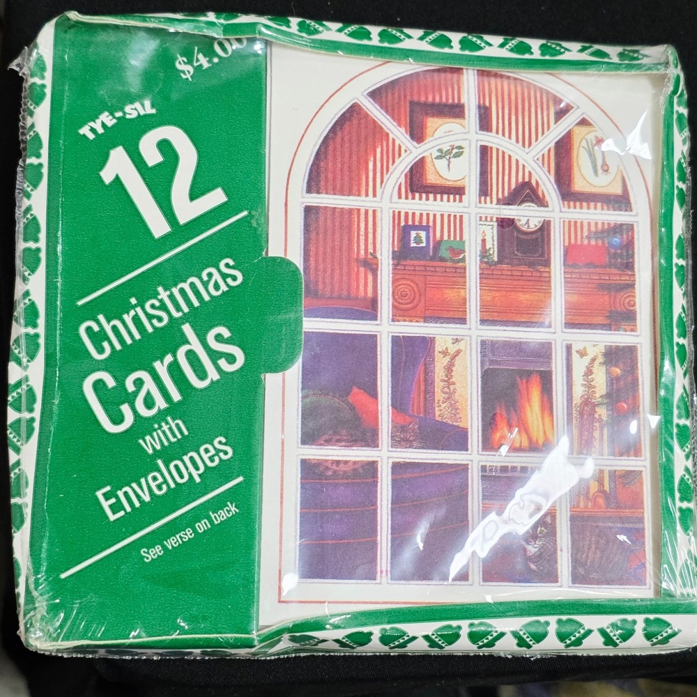 Vintage TYE-SIL 12 Christmas Cards‎ with Envelopes Winter Scene Window Fireplace
